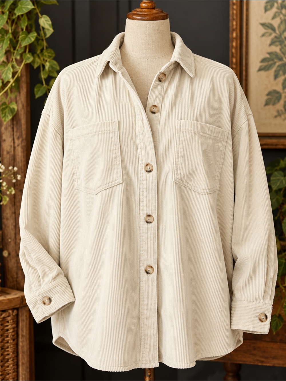 Blue Blossom Cream Corduroy Shacket Oversized Button Down Shirt Size L